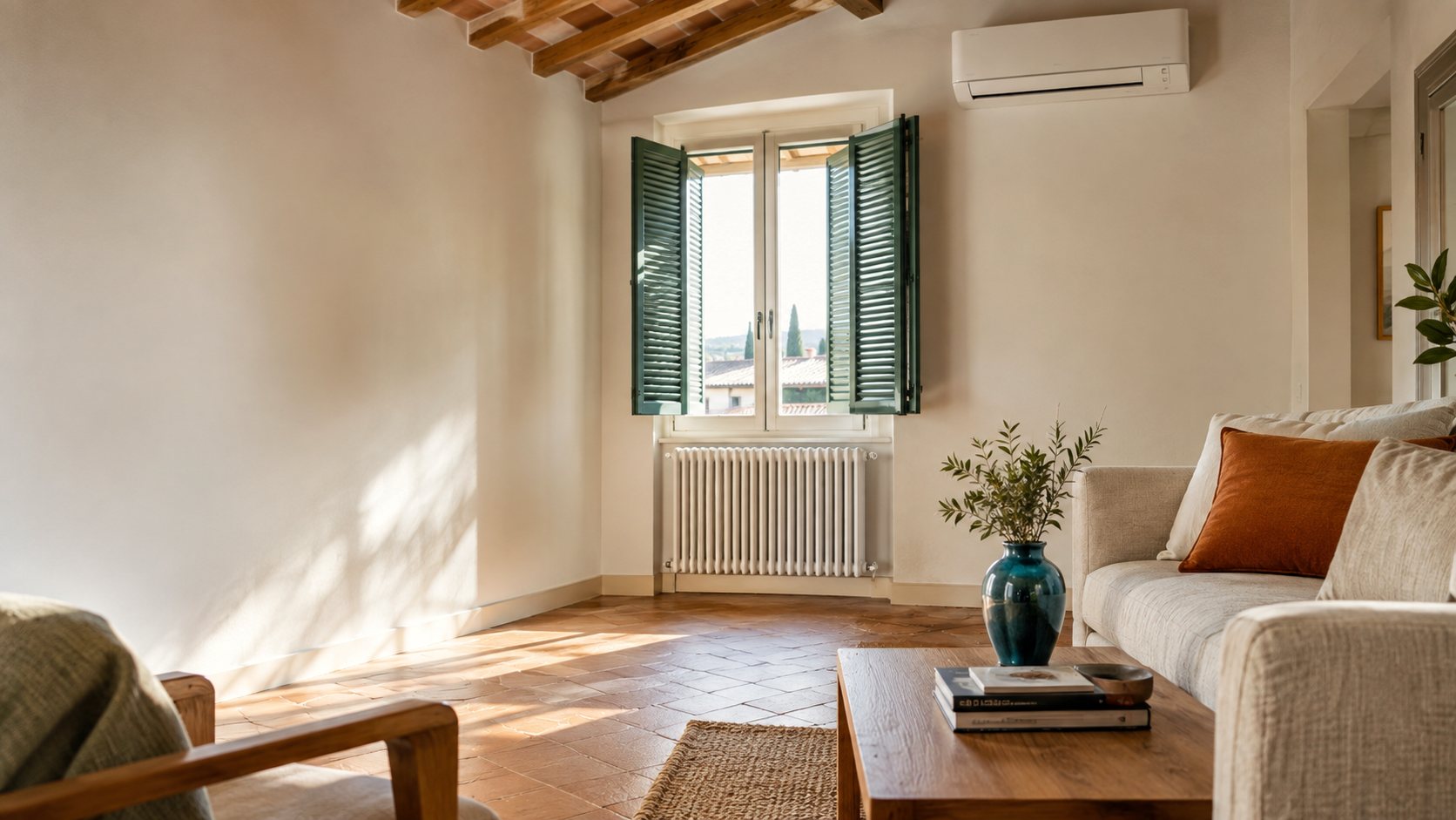 Soggiorno luminoso con travi in legno, climatizzatore sulla parete e radiatore sotto la finestra