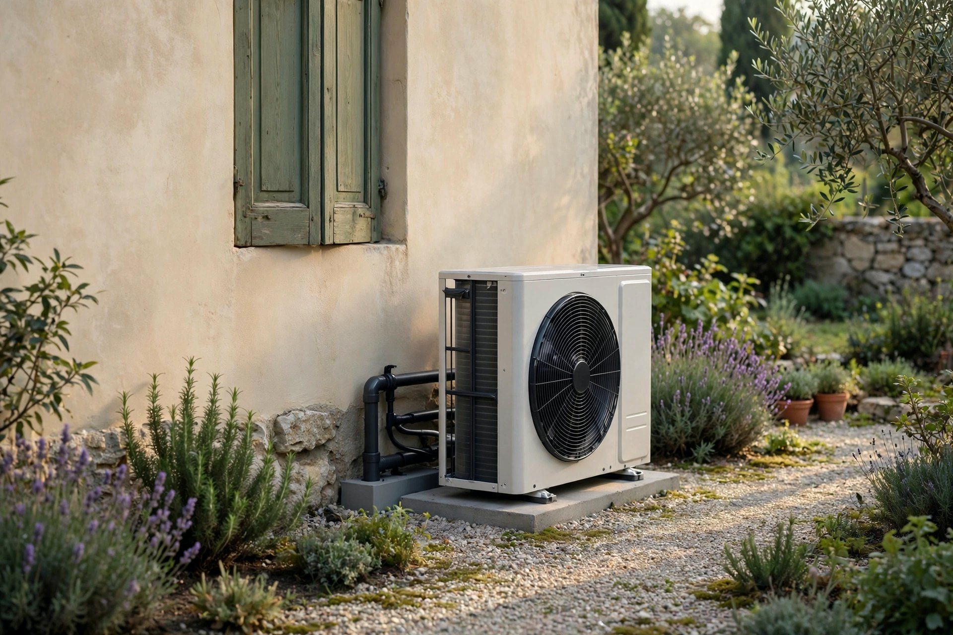 Pompa di calore in un giardino con lavanda e ulivi