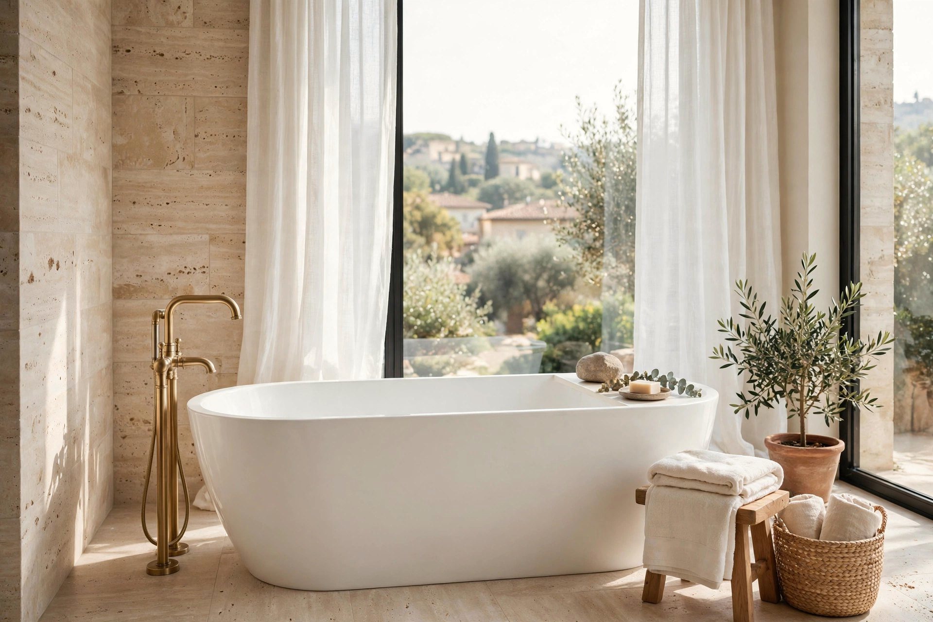 Bagno luminoso con vasca freestanding davanti a una grande finestra