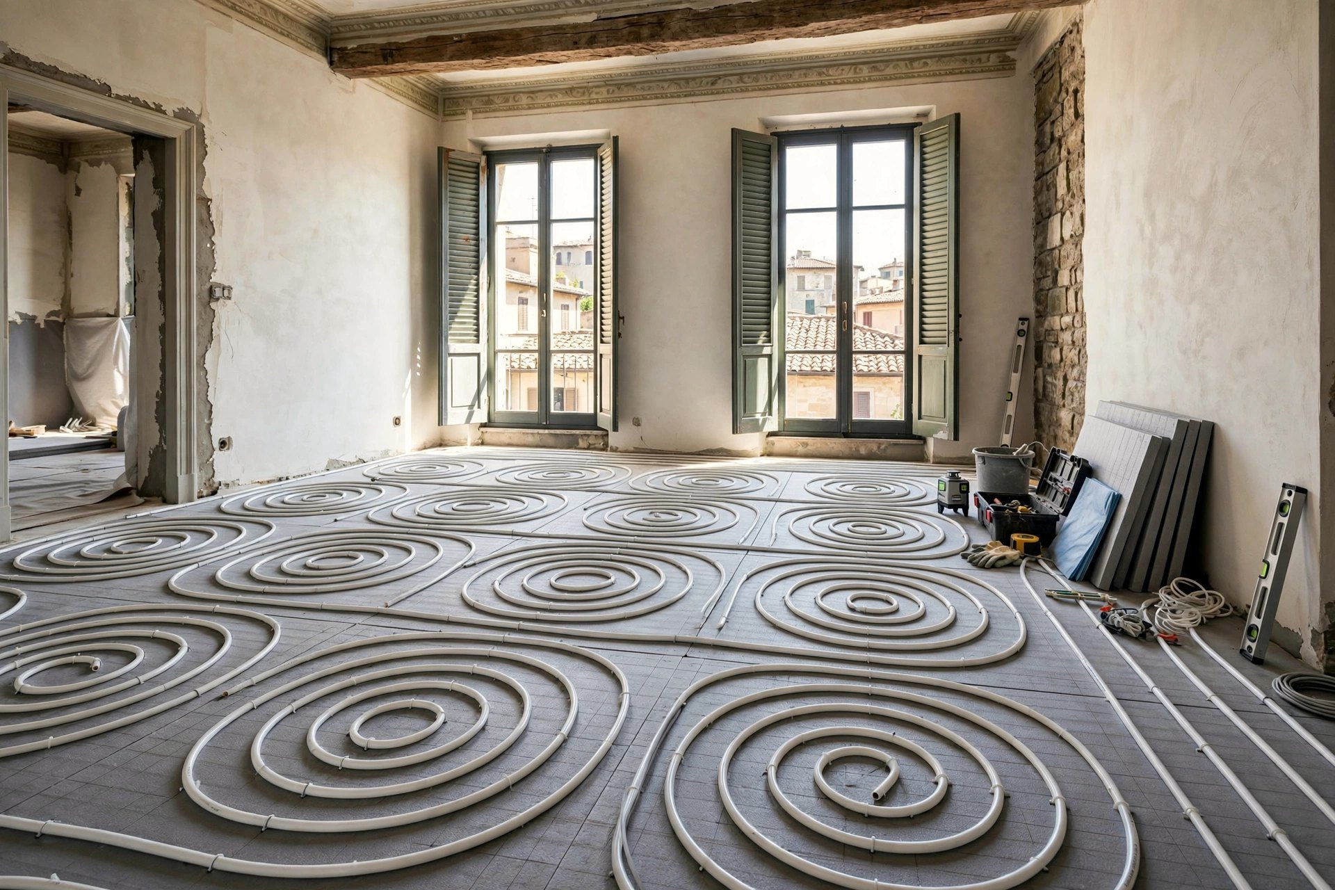 Tubi del riscaldamento a pavimento posati in una stanza con le finestre sui tetti